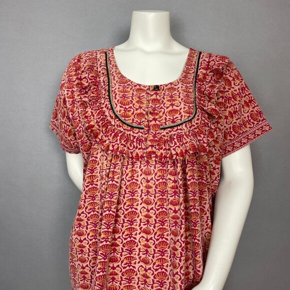 Handmade Muumuu Dress Batik Ruffle Neckline Short Sleeve Red Yellow Women Mumu - Picture 4 of 9